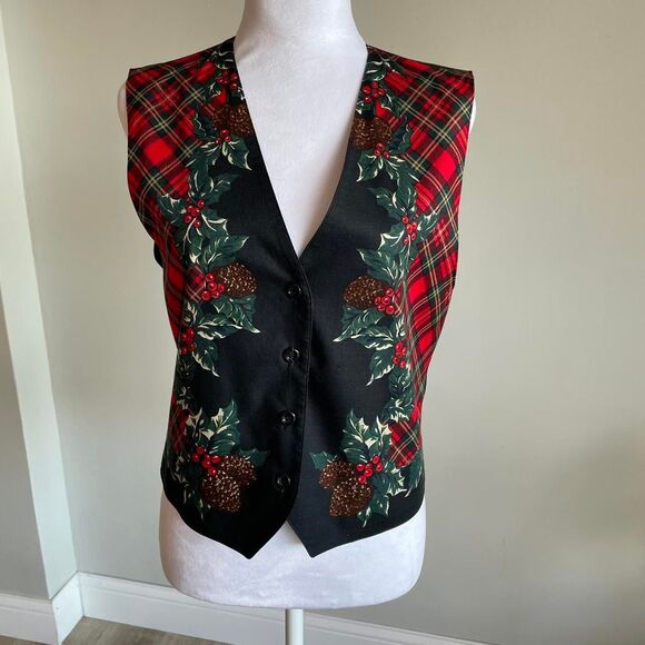Talbots Women's Small Plaid Christmas Vest Vintage 90's Pinecones Holiday Trad - Picture 2 of 7